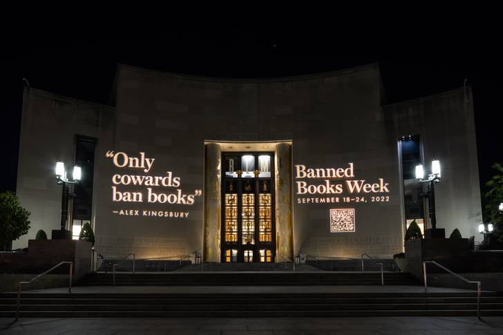 A light display commemorates Banned Books Week outside the Brooklyn Public Library.